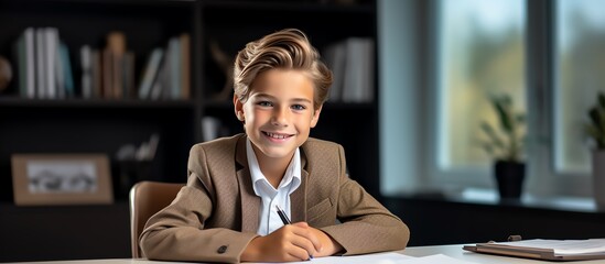 Happy school boy writing at a desk, looking at the camera and smiling while doing homework in the style of a modern home office room with white shelves