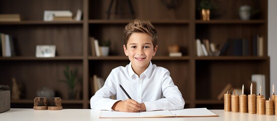 Happy school boy writing at a desk, looking at the camera and smiling while doing homework in the style of a modern home office room with white shelves