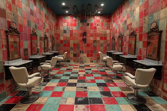 Interior of an old barber shop with red chairs and colorful wallpaper