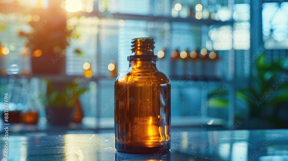 Poster pure acetone solution in amber bottle with selective focus in laboratory setting