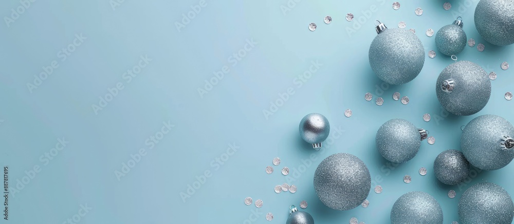 Poster Minimalistic flat lay background featuring gray Christmas balls on a blue backdrop with copy space image