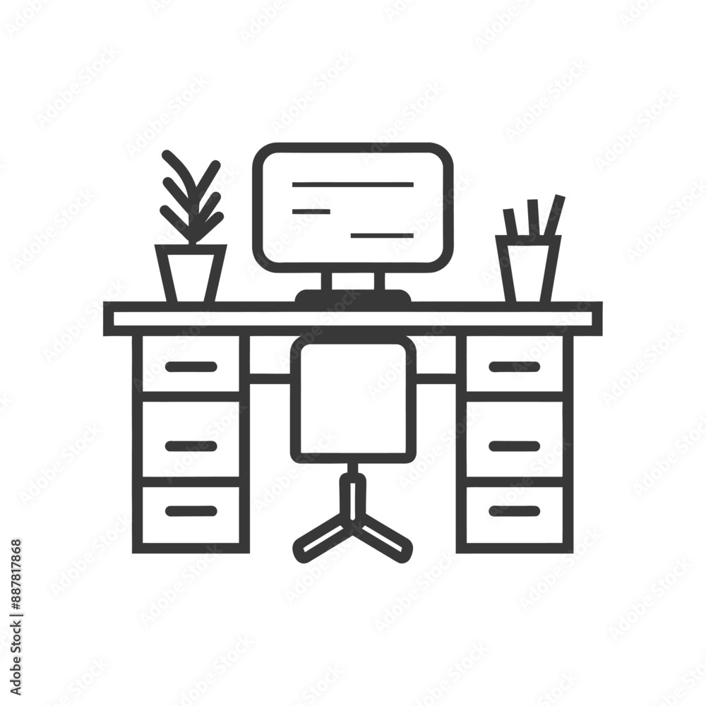 Poster minimalist line art: modern desk setup with plants and code on screen