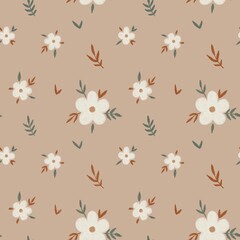 Cute nursery seamless pattern, wallpaper pattern, paper design, newborn fabric, textile, cozy boho flowers and leaves