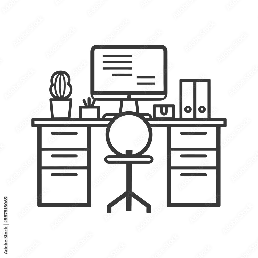 Poster minimalist line art: programmer's desk with cactus and files