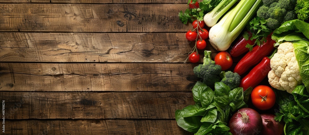 Poster display a variety of fresh organic vegetables on a wooden surface with ample copy space image