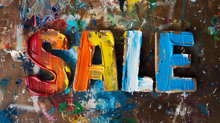 the word "sale" written in yellow, orange and blue paint on a blue background, graffiti