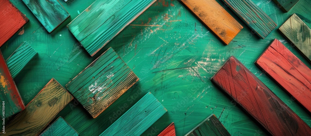 Aufkleber a vibrant green background with a variety of colorful wooden elements perfect as a backdrop for your