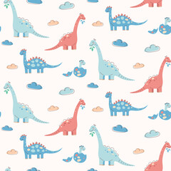 Seamless pattern with cute dinosaurs. Kawaii character. Flat vector illustration for children