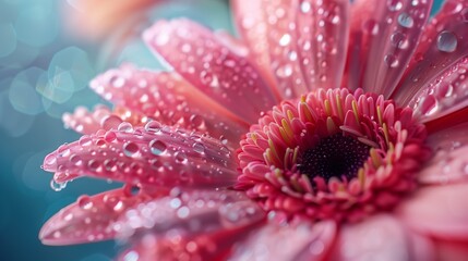 Detailed macro photo of pink flower petals with water droplets, highlighting delicate textures and vibrant colors.