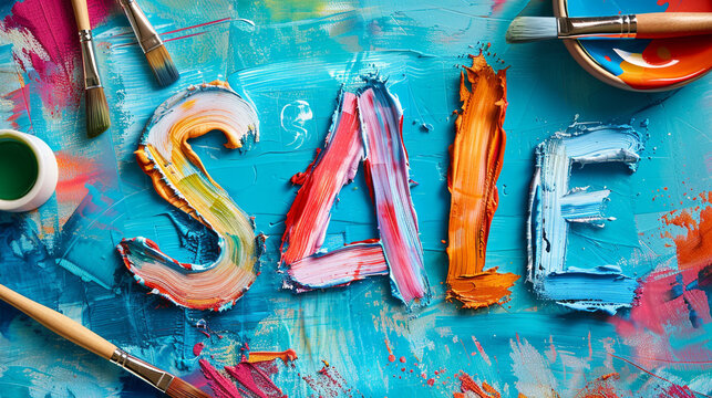 the word "sale" is written in yellow, pink, orange and blue paints on a blue background, gouache and watercolor paints are nearby and there are brushes for painting - Powered by Adobe