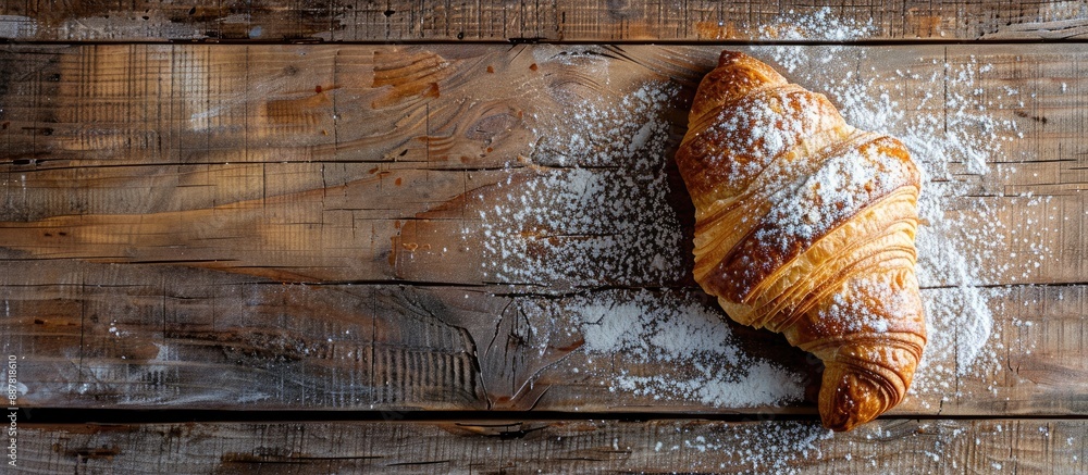 Fototapete A single croissant dusted with powdered sugar on a rustic wooden surface with space for your text in the image Seen from above. with copy space image. Place for adding text or design