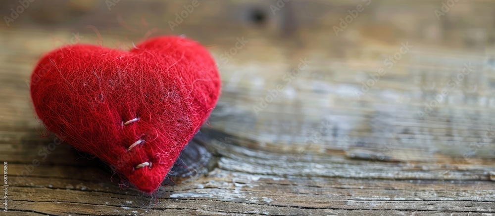 Poster Handmade red heart crafted from felt resting on a wooden table creating a charming blank for greeting cards with ample copy space image