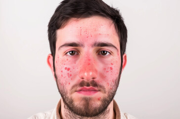 Obraz premium Rosacea & Skin Conditions : Men's Faces, copy space Treatment. Close-up of Couperose, Vascular Stars, Capillaries, Freckles, Back Rashes. Dermatology Insights