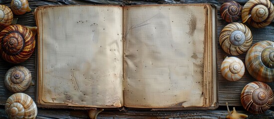 Wooden desk showcasing an open notebook surrounded by crawling snails with copy space image available for art or text presentation