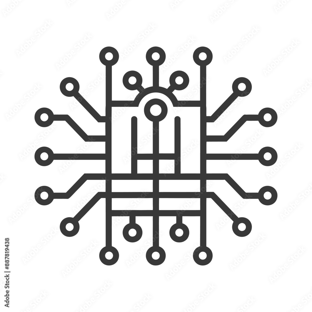 Poster abstract microchip icon: linear network data processing symbol