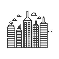 Obraz premium Minimalist Line Art Cityscape: Modern Skyscrapers & Cloudy Sky