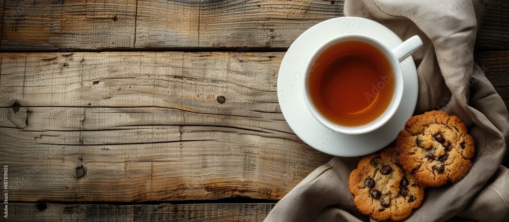 Poster top view of a white porcelain mug of tea and sweet cookies on a wooden surface with selective focus 