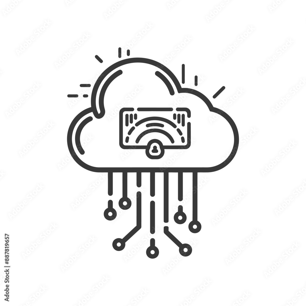 Poster secure cloud data storage: line art icon with circuit connections