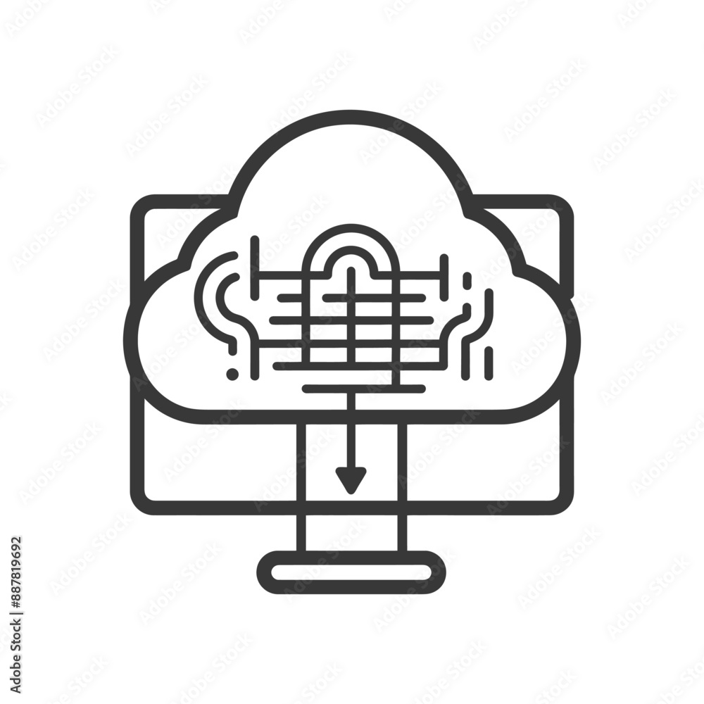 Poster cloud computing data download: linear icon illustration