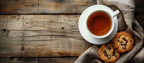 Top view of a white porcelain mug of tea and sweet cookies on a wooden surface with selective focus perfect for a copy space image