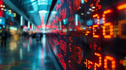 Blurred view of a busy financial district with a digital stock market display board showing data in red.