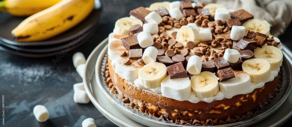 Leinwandbilder a delightful treat banana cake adorned with marshmallows dark chocolate bits and sliced bananas with