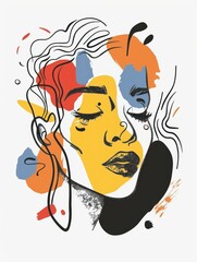 Naklejka premium A digital illustration of a woman's face with her eyes closed, created using bold lines and vibrant colors