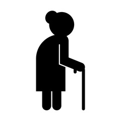 Vector illustration of old woman with cane silhouette icon on transparent background