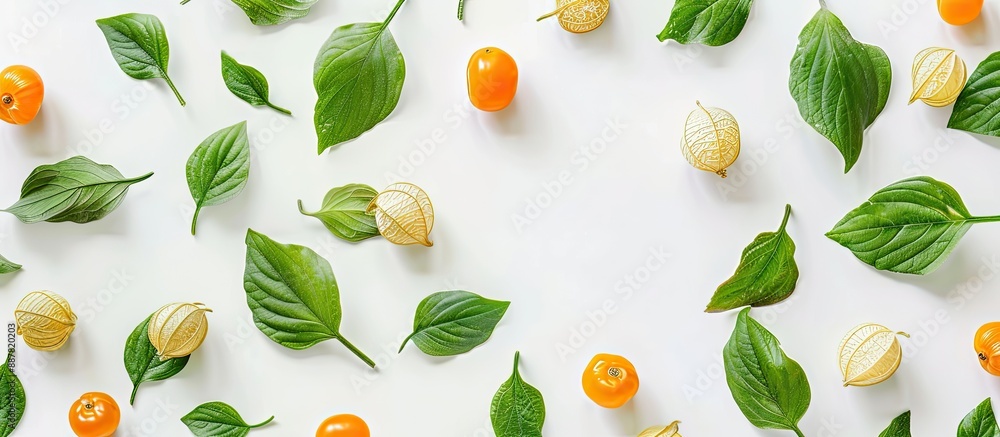Aufkleber Top view physalis with leaves on a white backdrop for your text in a flat lay pattern providing copy space image