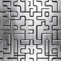 Abstract pattern of interconnected lines on a metallic surface. Concept of futuristic metal design, technology background, and circuit board imagery.