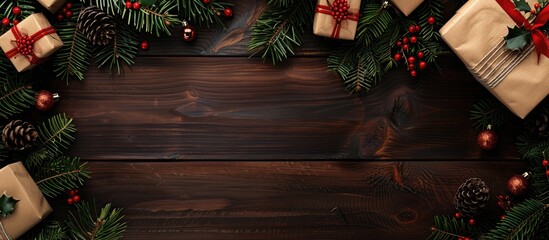Wooden background adorned with Christmas gift boxes and pine cones ideal for a Christmas themed copy space image