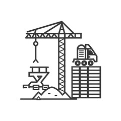 Construction Site Line Art: Crane, Concrete Mixer, and Building Foundation