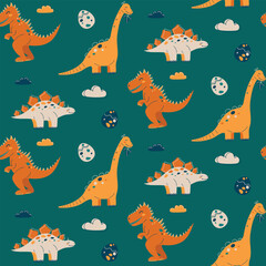 Obraz premium Seamless pattern with cute dinosaurs. Kawaii character. Flat vector illustration for children