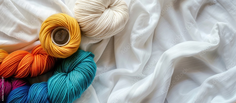 Aufkleber white cotton jersey fabric background with a spool of raw organic cotton yarn in various colors crea