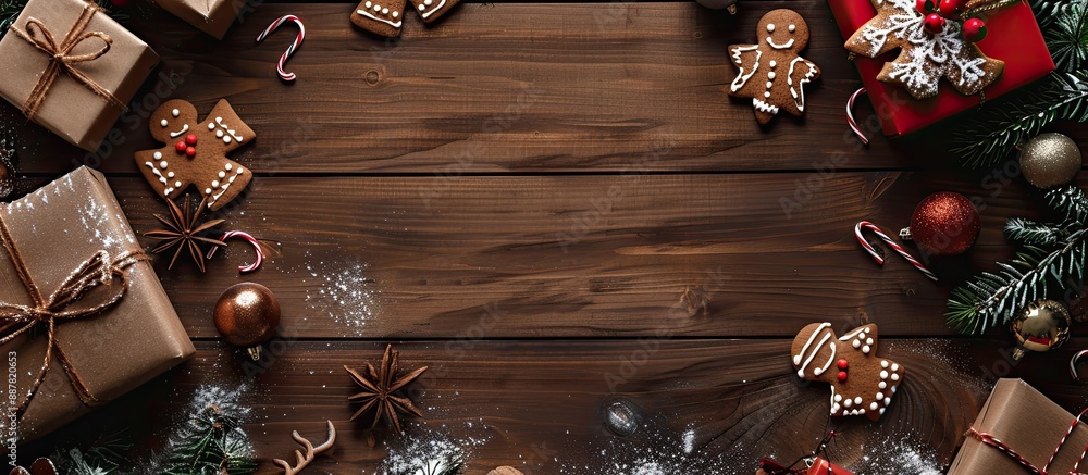 Poster top view of a christmas themed wooden backdrop featuring a snow dusted fir tree gingerbread cookies 
