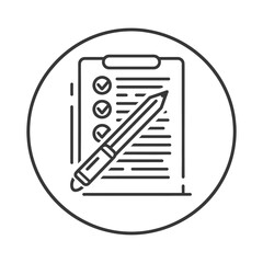 Checklist Icon:  Monochrome Line Art Clipboard & Pen in Circle
