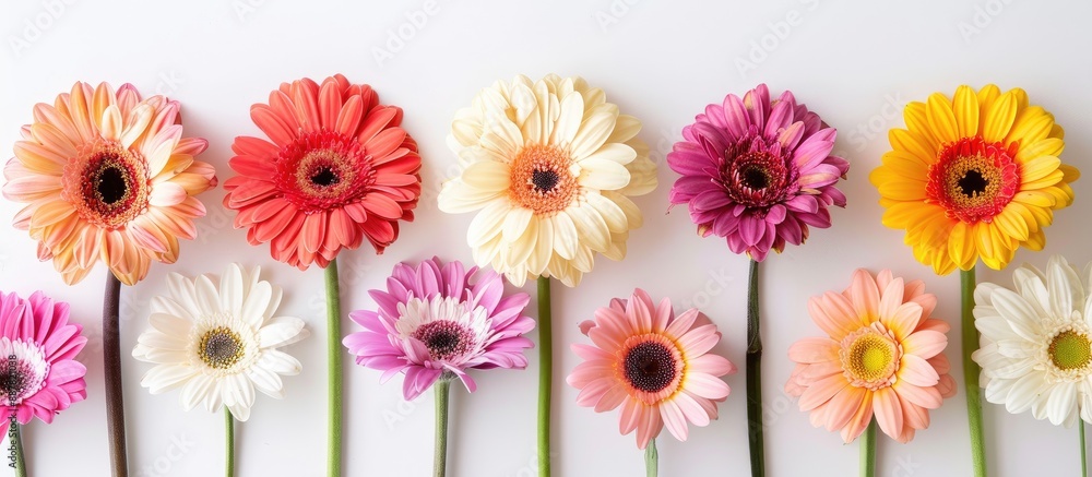 Aufkleber Pastel gerbera flowers arranged in a frame on a white background for a flat lay view with space for text or images. with copy space image. Place for adding text or design