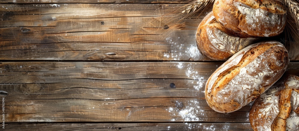 Poster browned bread on a rustic wooden backdrop with copy space image