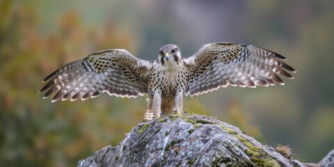 Falcon is in natural habitat. Peregrine Falcon bird of prey sitting on a rock or log with nature background. Arabian pet bird.
