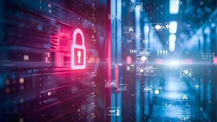 Cybersecurity-themed digital art showcasing a padlock overlay on a network server with data streams