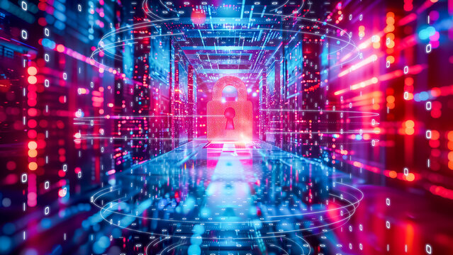 Cybersecurity-themed digital art showcasing a padlock overlay on a network server with data streams