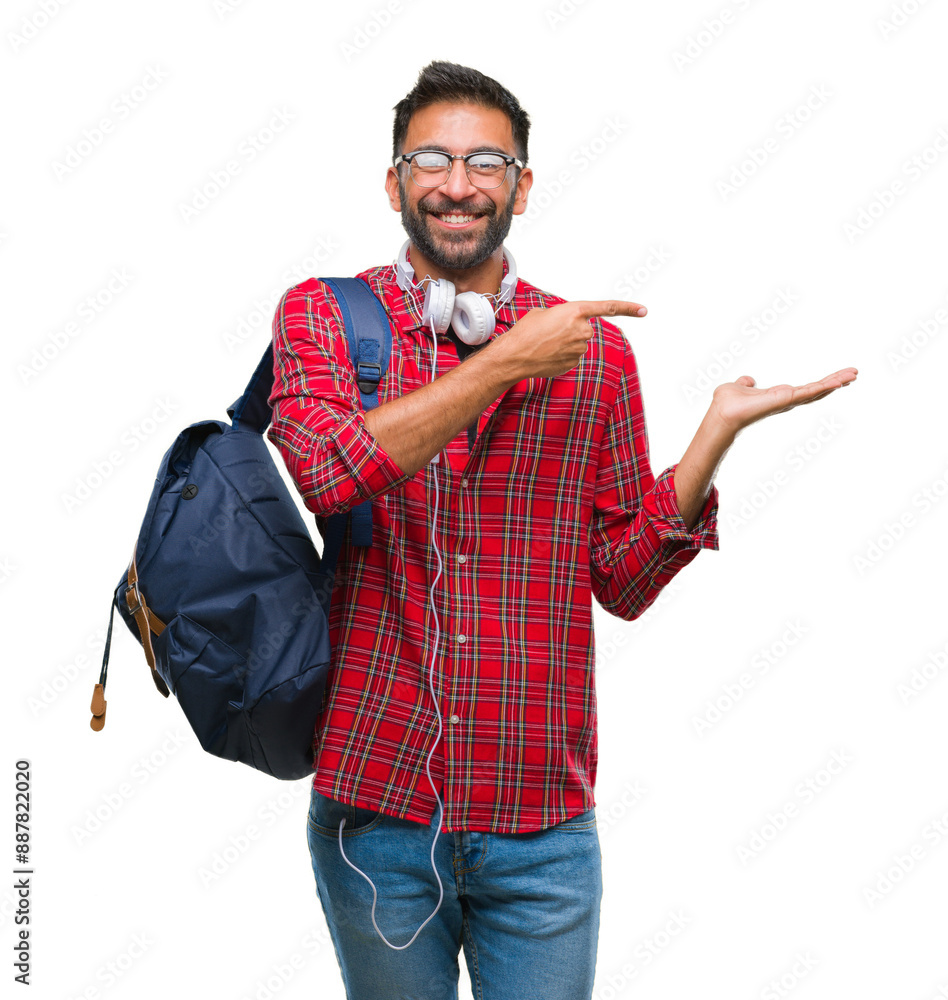 Sticker adult hispanic student man wearing headphones and backpack over isolated background amazed and smili