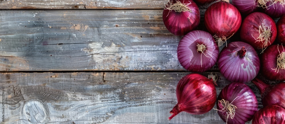 Poster Red Onions on a bright wooden surface creating a backdrop for text with a focused view from above suitable for a copy space image