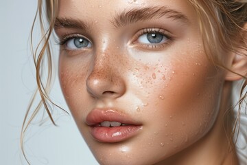 High-resolution close-up of a woman's face with freckles and water droplets, emphasizing natural beauty and fresh, dewy skin.