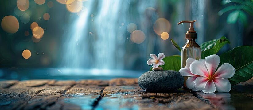 Zen spa setting with pink frangipani flower stone shampoo and shower gel on wooden surface set against a blurred waterfall backdrop in copy space image