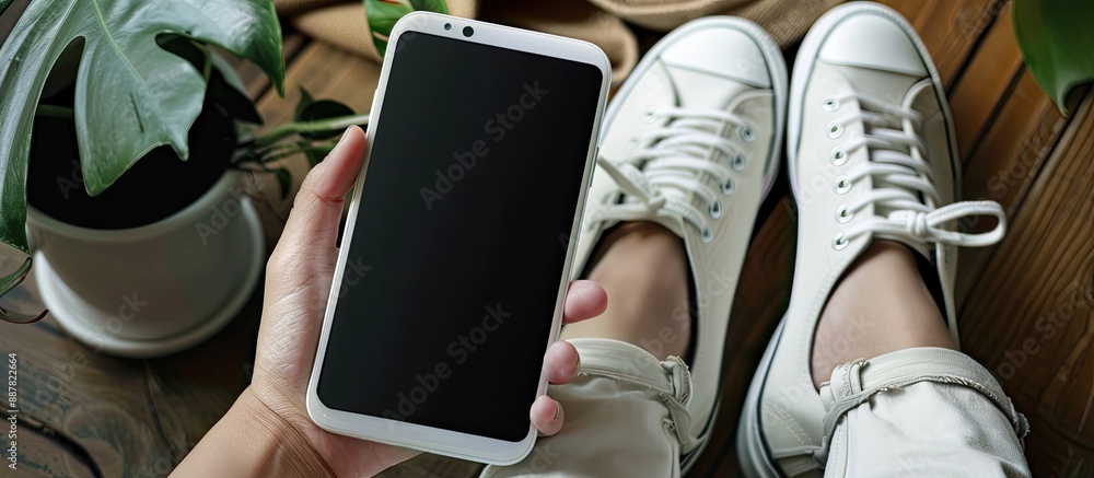 Poster a mockup image displaying a hand holding a white phone with a blank black screen is set alongside wh