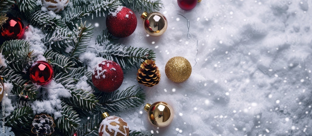 Aufkleber snow covered christmas evergreen tree adorned with golden and red balls creating a festive flat lay 