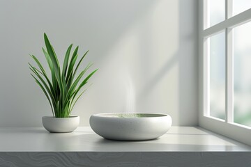 Fototapeta premium Minimalist Still Life with Plant and Bowl Digital Art Elegant and Calm Soft and Detailed