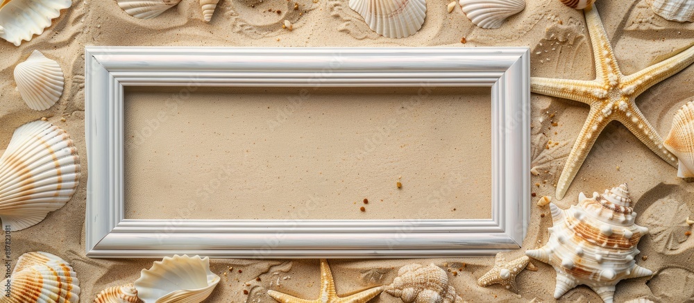 Poster Copy space image of a picture frame set against a backdrop of shells and sand