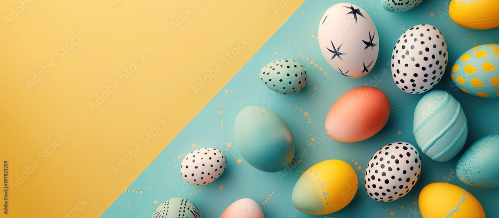 Poster Top view of a collection of Easter eggs on a colorful background with space for text or images. with copy space image. Place for adding text or design